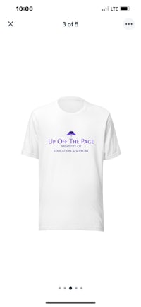 a white t - shirt with a purple logo on it